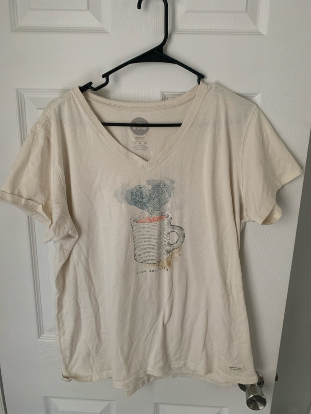 Life Is Good Women's Cream Short Sleeve V-Neck Tee with Coffee Mug Graphic